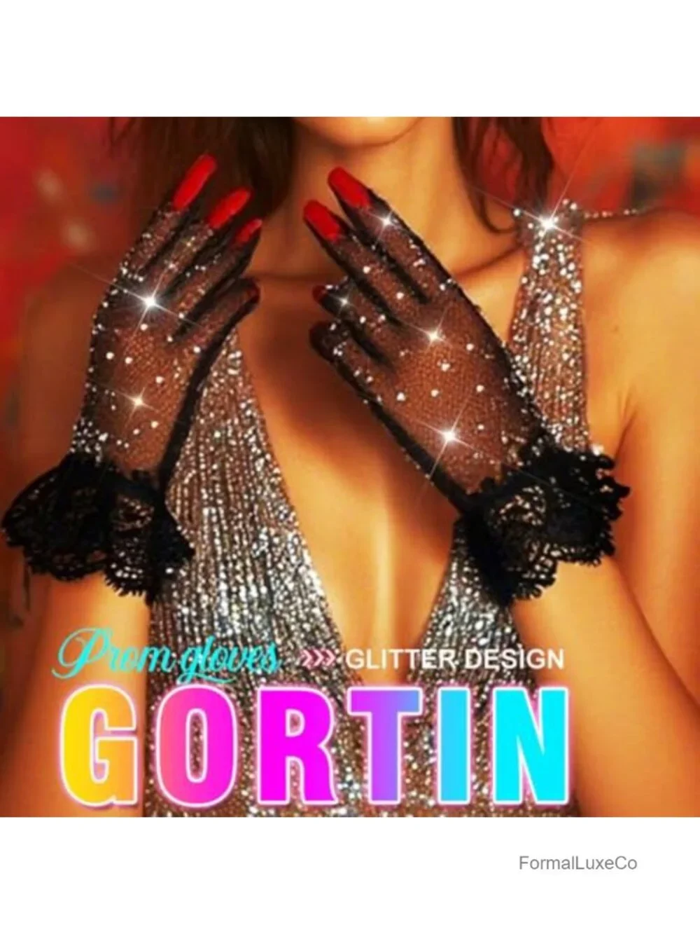 Rhinestone Lace Gloves Nylon Sparkle Opera Tea Party Short Gloves Women